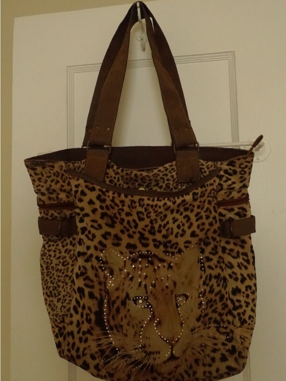 Leopard Print Tote Bag with Studded Cheetah Motif - Brown